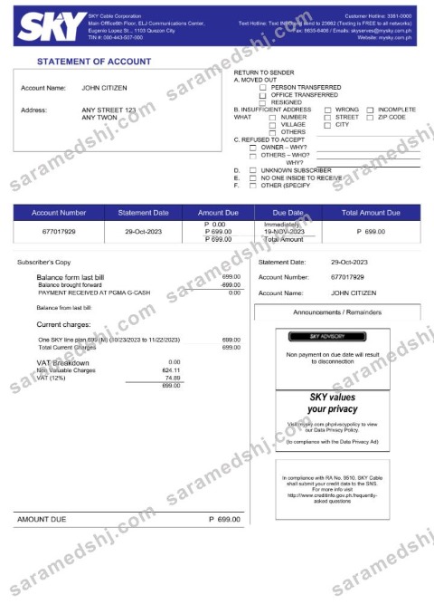 Philippines Sky Cable Corporation utility bill Word and PDF template